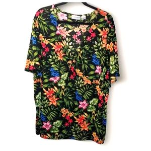 Jaclyn Smith Blouse Woman Plus 3X Y2k Babydoll Top Tropical Black Floral Flutter